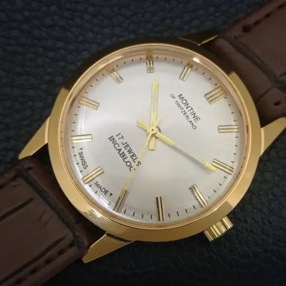 Vintage 1977 Montine Of SwitzerlandManual Mens Gold Watch W/Leather Strap